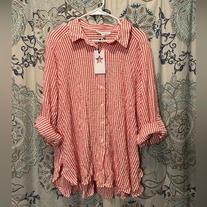 Red and White Striped Button-Down Shirt